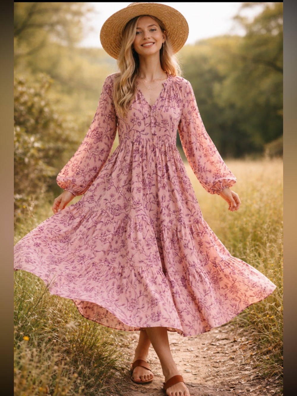 Matta Anthropologie Birdsong Mauve Floral Boho Midi Dress XS